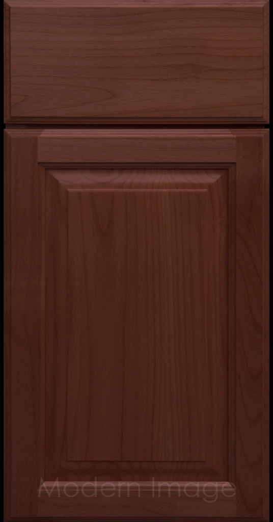 Cherry stained Hampton raised panel kitchen cabinets with flat slab drawer fronts.